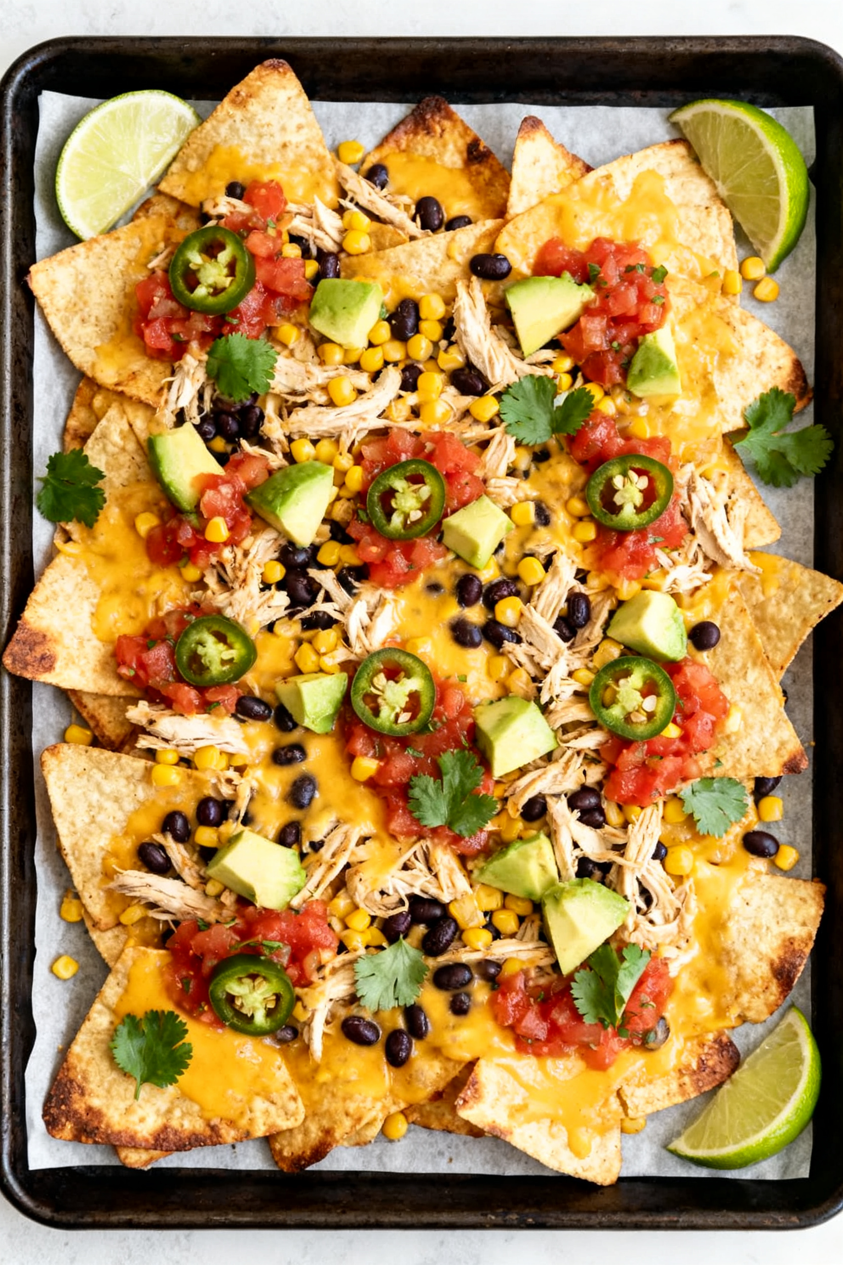 Tasty top view: Sheet-pan nachos fresh from the oven, overhead shot of tortilla chips blanketed with