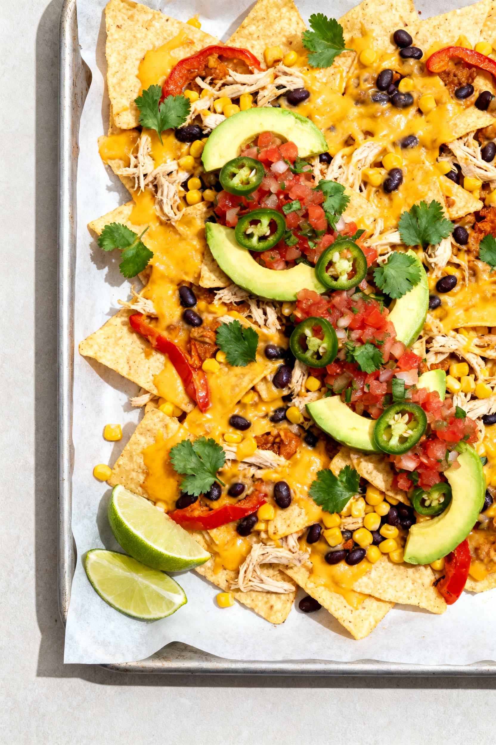 Tasty top view – Sheet-Pan Nachos: Overhead shot of a baked sheet pan loaded with tortilla chips c