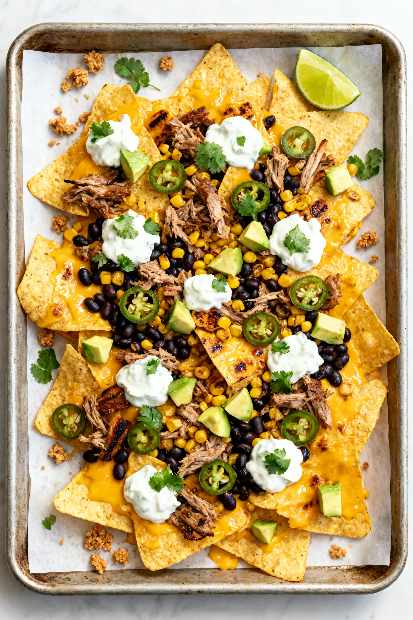 Easy Leftover Meals — Leftovers Worth Looking Forward To - Simple, Smart, and Delicious Tasty top view — Sheet-Pan Nachos: Overhead shot of a rimmed baking sheet piled with golden, melte