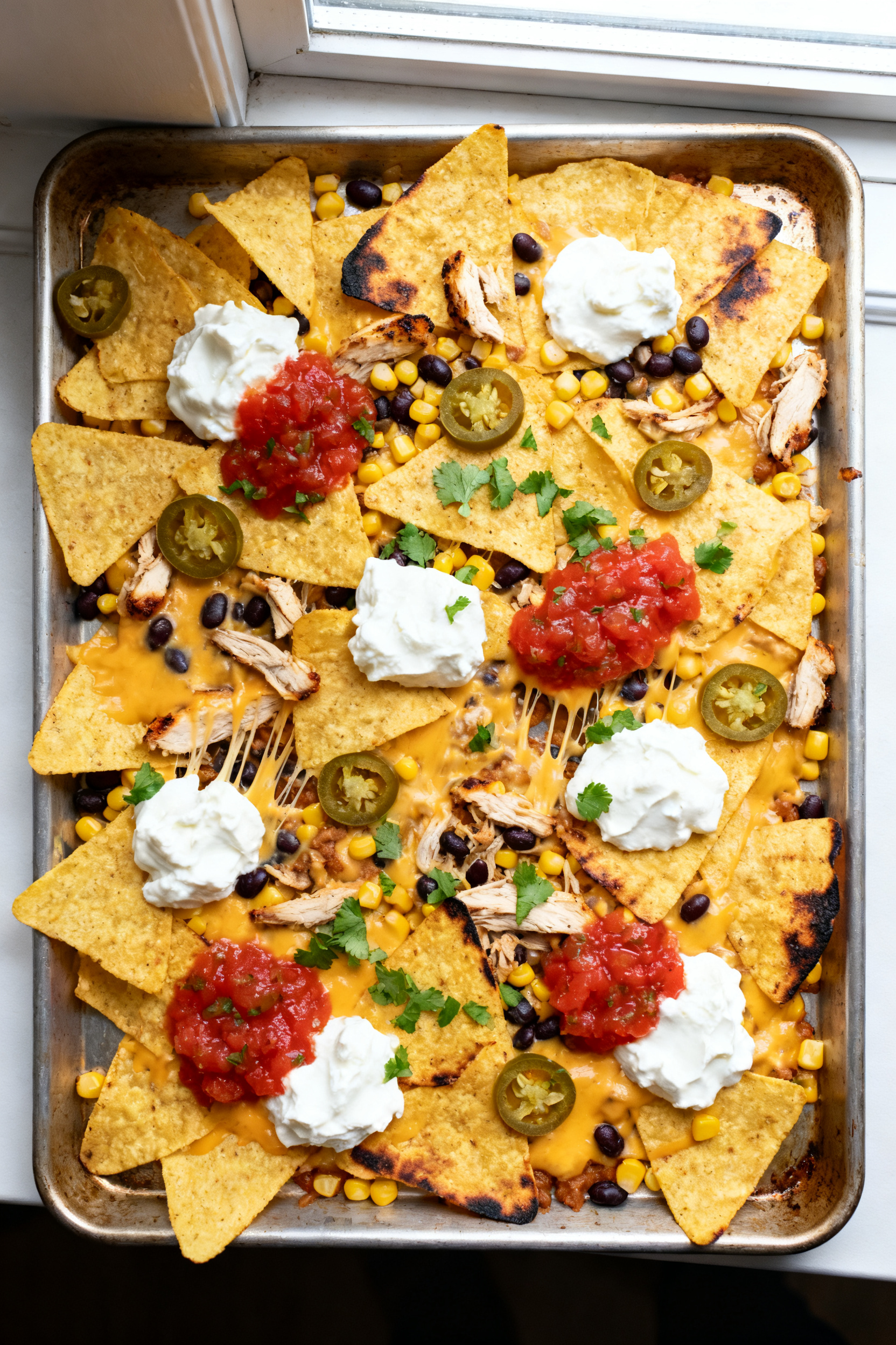 Easy Leftover Recipes - Smart, Tasty Ways to Use What You Have Tasty top view — Sheet-Pan Nachos: Overhead shot of a sheet pan loaded with golden tortilla chips,
