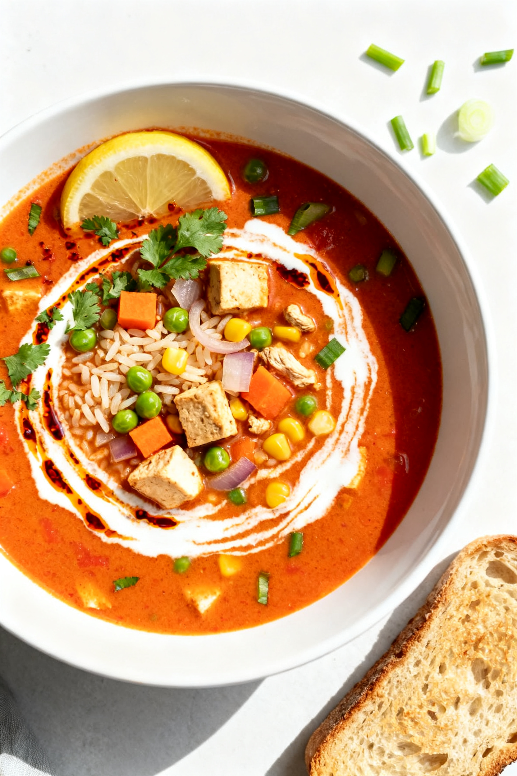 Leftover Recipes — Day 2 Hits Different Every Time - Simple, Practical Ways to Love Your Leftovers Tasty top view — Soup stretch bowl: Overhead shot of a vibrant “remixed” soup in a wide white