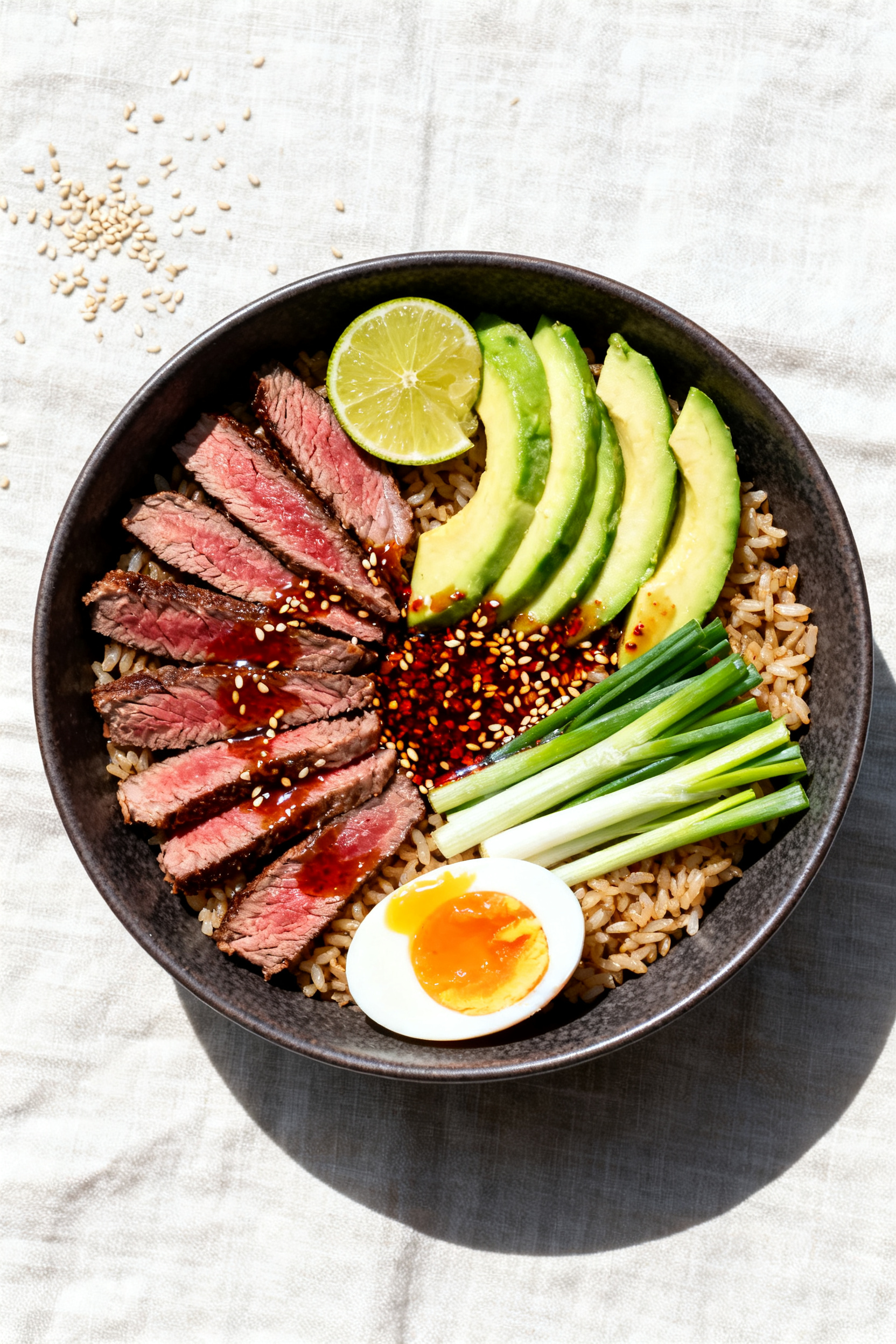 Tasty top view: Steak and Greens Rice Bowl overhead shot, neatly layered: glossy sesame-soy rice bas