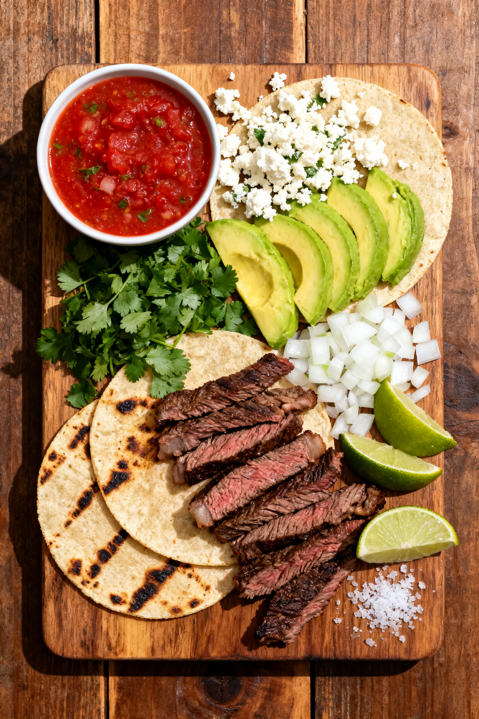 Tasty top view — Steak tacos: Overhead shot of two street-style steak tacos on warm corn tortillas