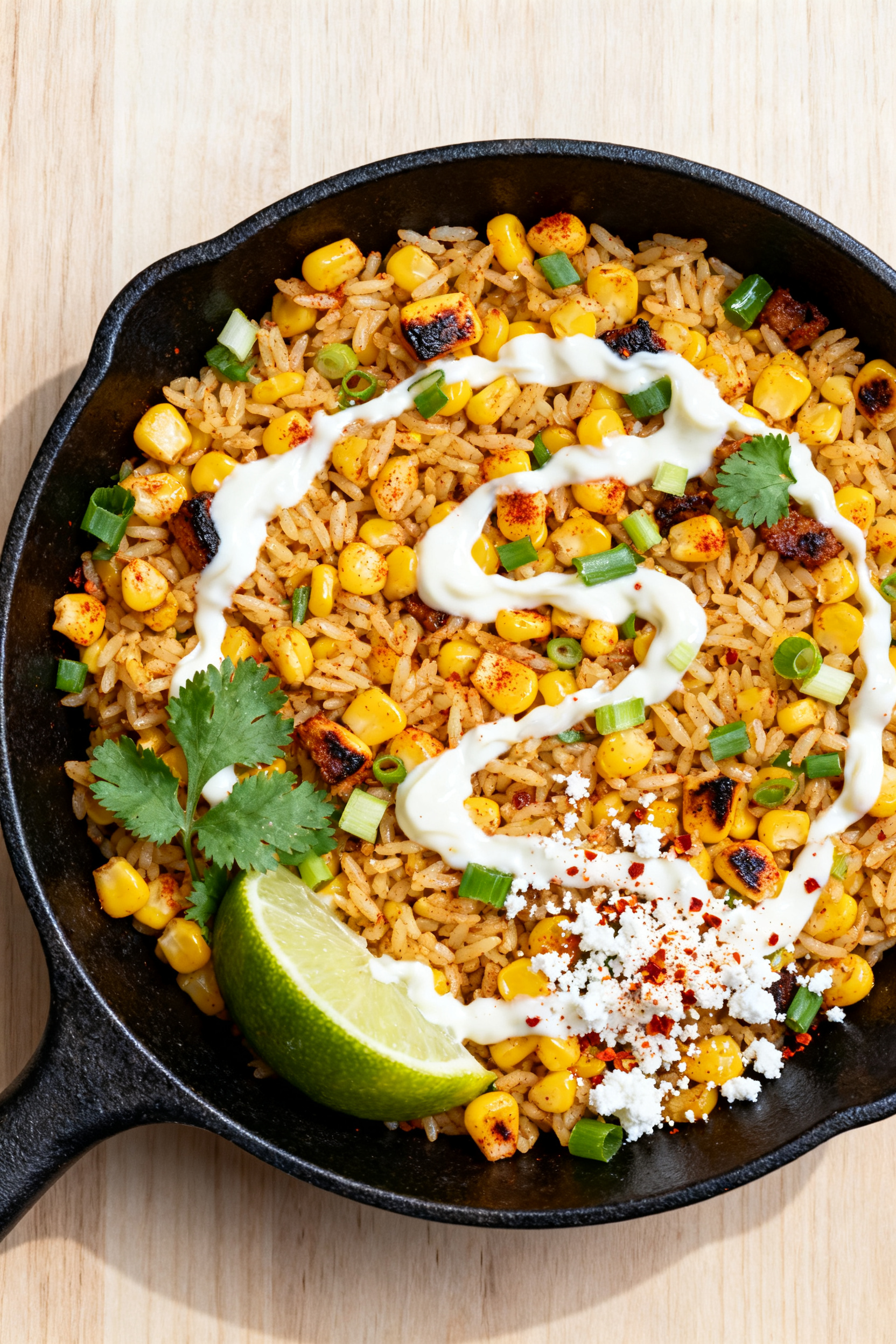 Easy Summer Meals — Leftover Rice Recipes Fast and Delicious - Simple, Fresh, and Flavorful Tasty top view, street-corn fried rice: Overhead shot of Street Corn Fried Rice—golden kernels sau