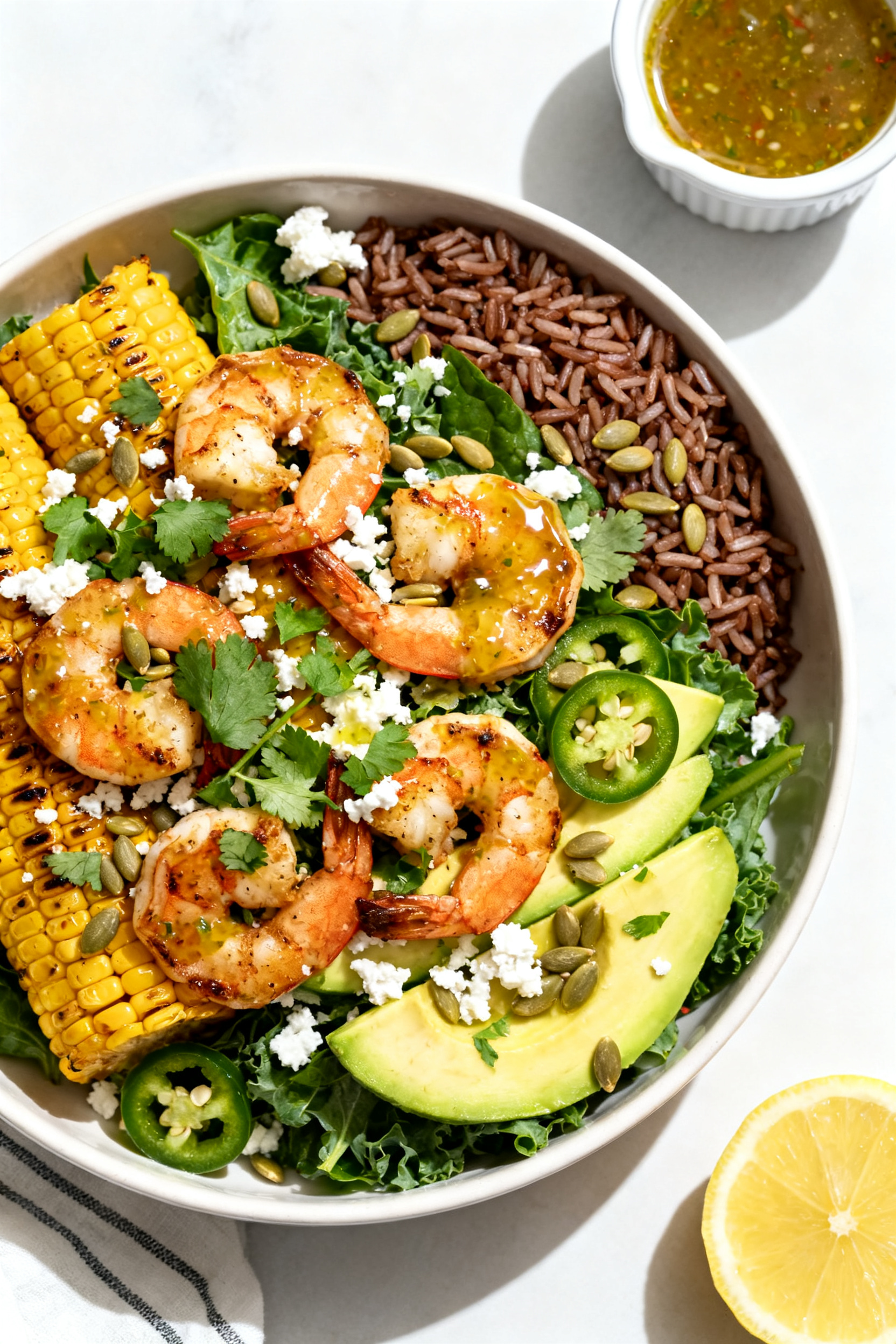 Tasty top view – street corn salad: Overhead shot of grilled street-corn salad topped with seared 