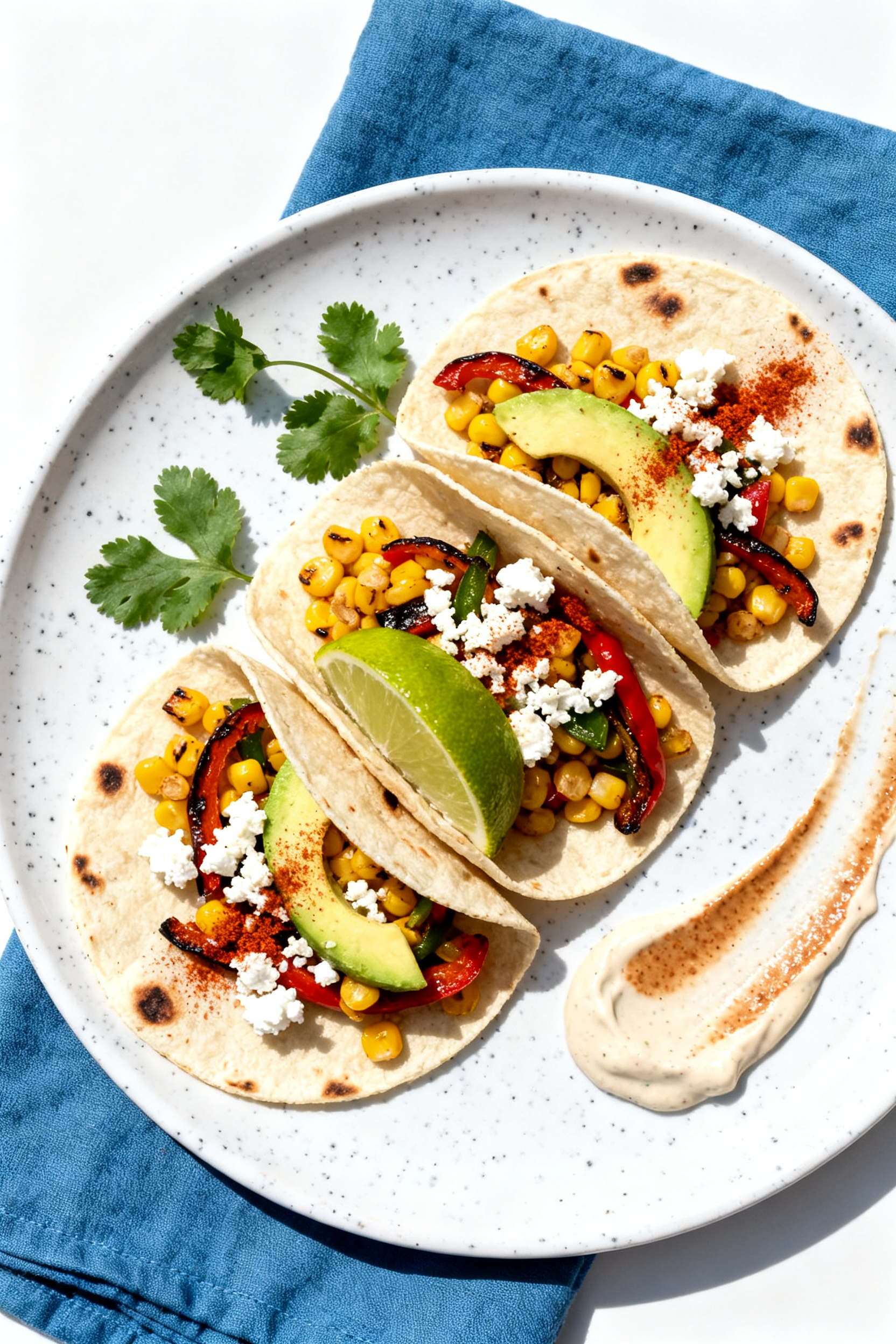 Tasty top view — Street-Style Corn Tacos: Overhead shot of three small flour tortillas filled with