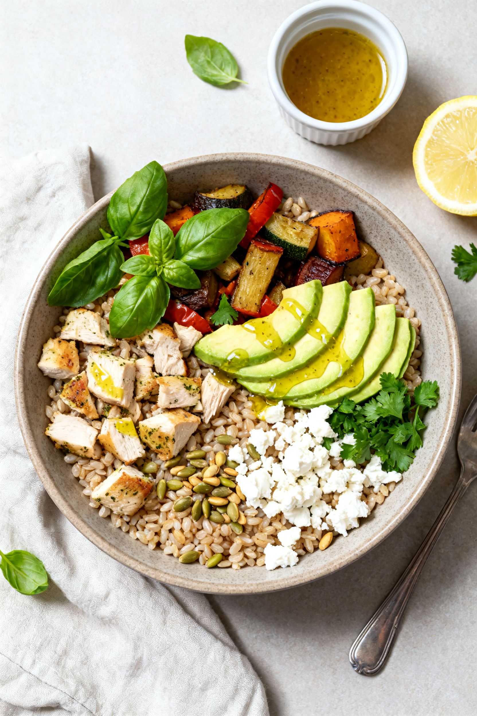 Tasty top view — Summer Grain Bowl: Overhead shot of a composed bowl with a base of fluffy farro, 
