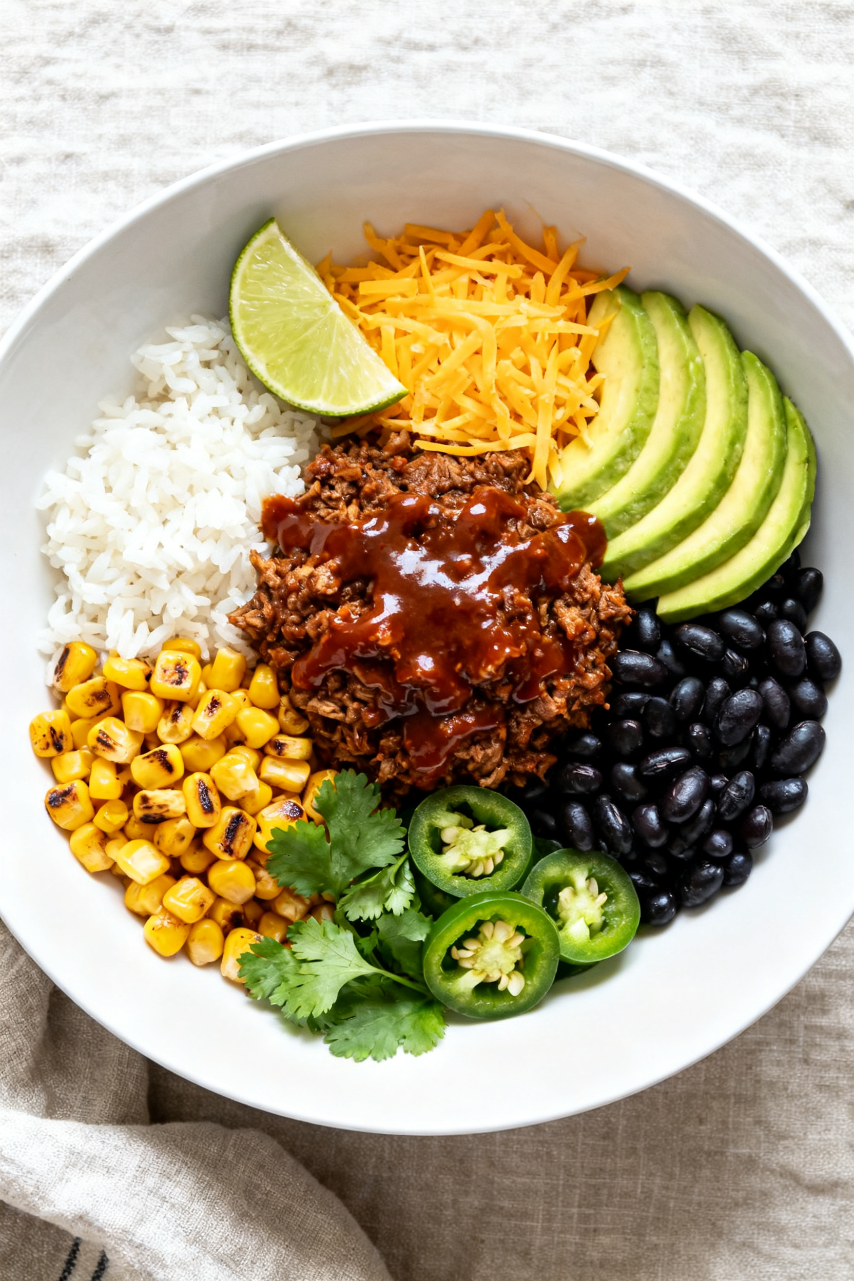 Tasty top view, taco bowl: Overhead shot of a Loaded BBQ Taco Bowl arranged in vibrant sections—fl