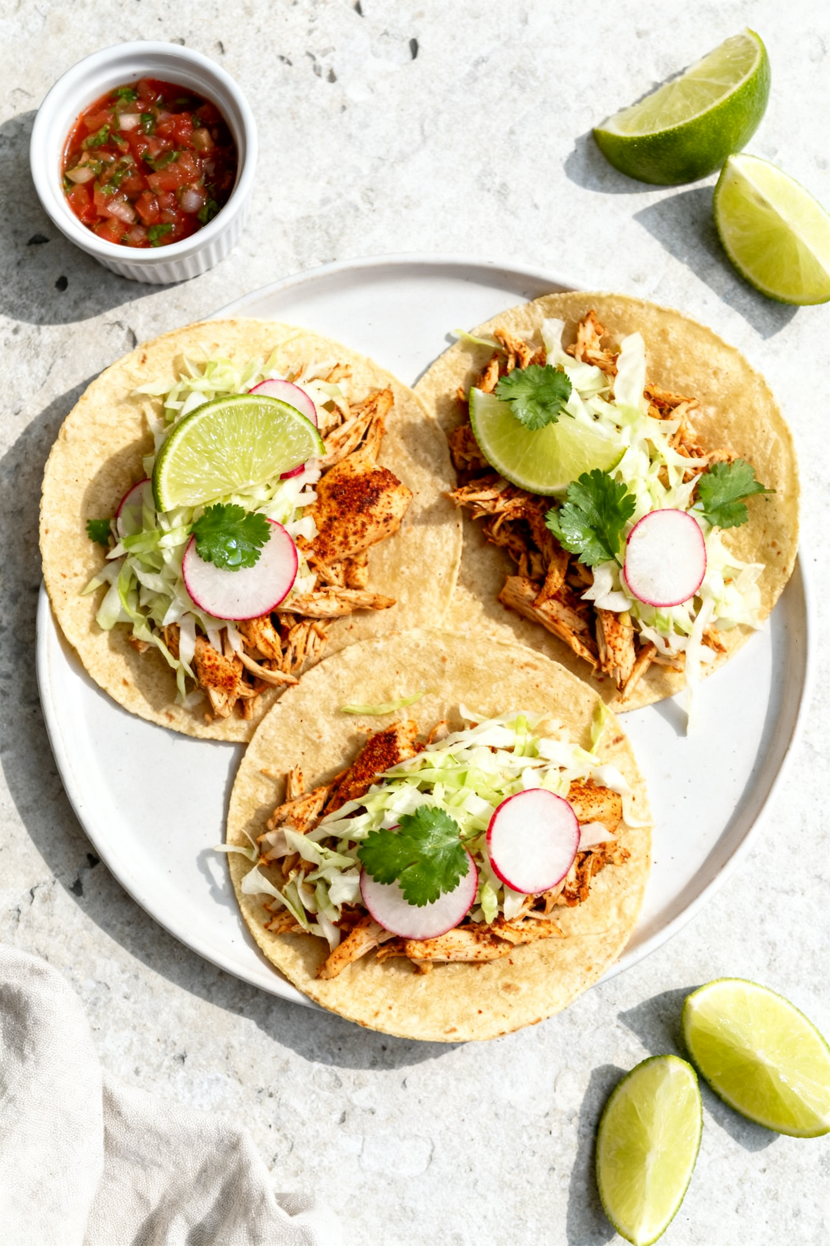Tasty top view, tacos spread: Overhead shot of weeknight chicken tacos assembled on warm corn tortil