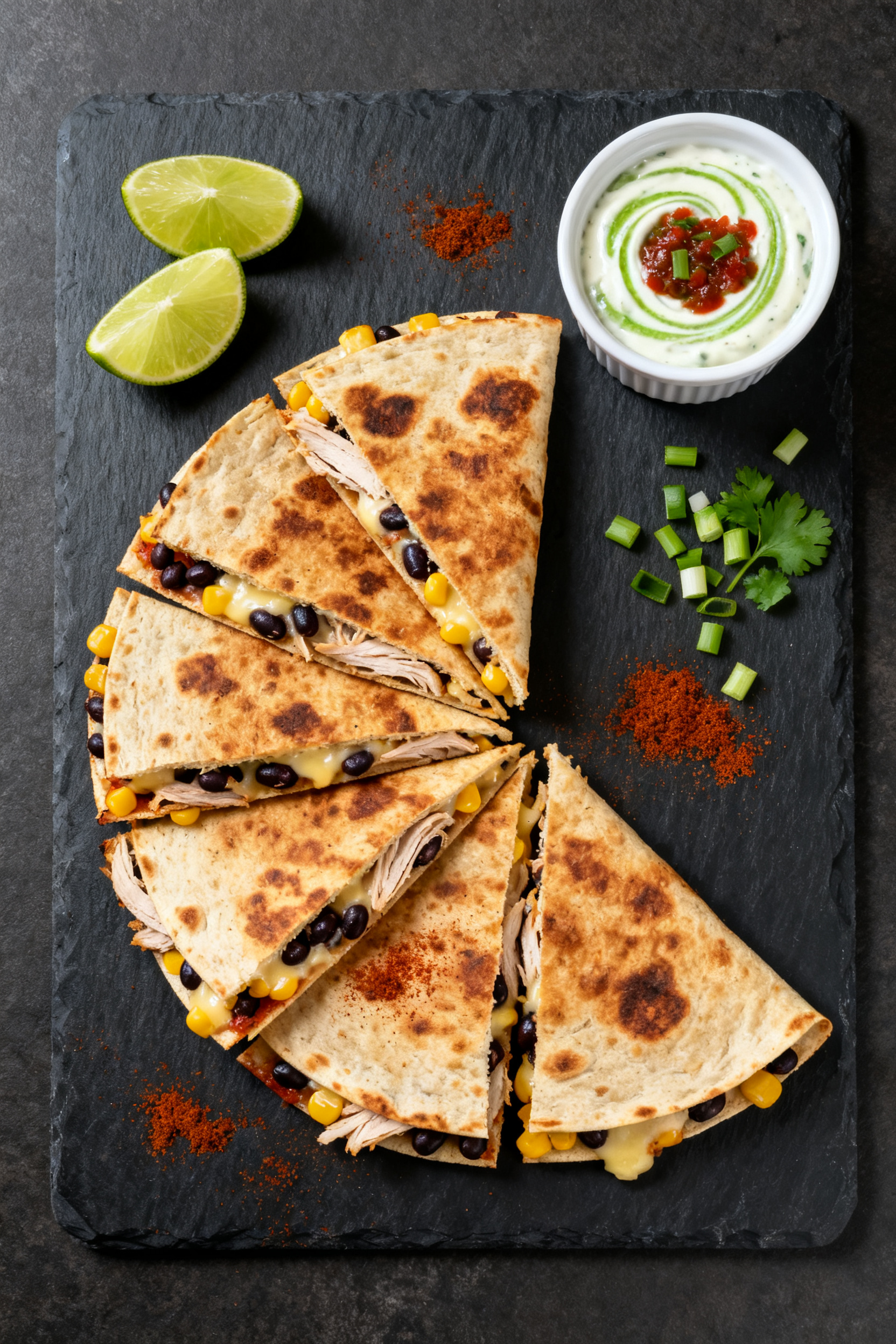 Don't Go to the Store — Use This → "Leftover Turkey Recipes — Don't Go to the Store" - Easy, Flavorful Ways to Use What You Have Tasty top view — turkey black bean quesadillas: Overhead shot of sliced turkey and black bean ques