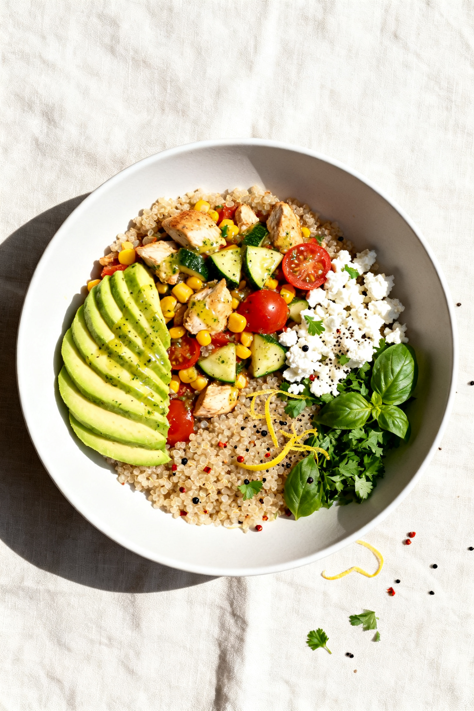 Tasty top view — Warm grain bowl final presentation: Overhead shot of a quinoa base topped with th