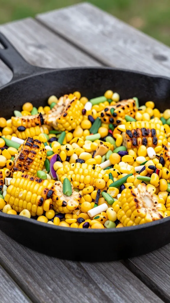 grilled corn salad in cast-iron skillet, backyard bbq table