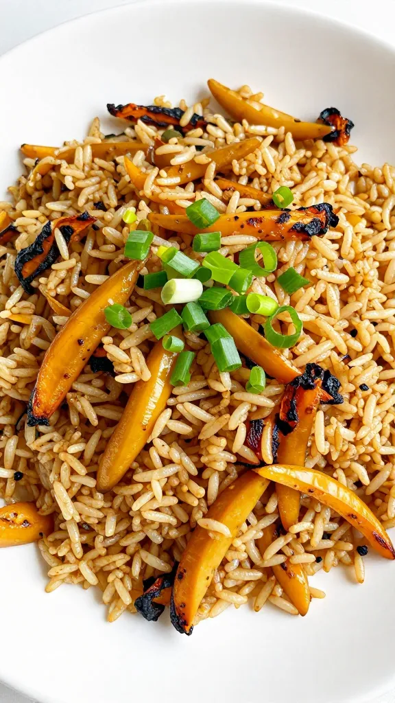 leftover rice fried with charred veggies, garnished with scallions
