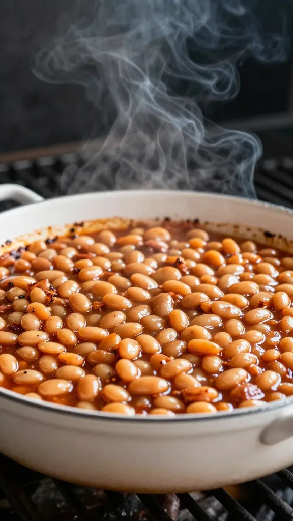 pulled pork baked beans in enamel pan, smoky grill background