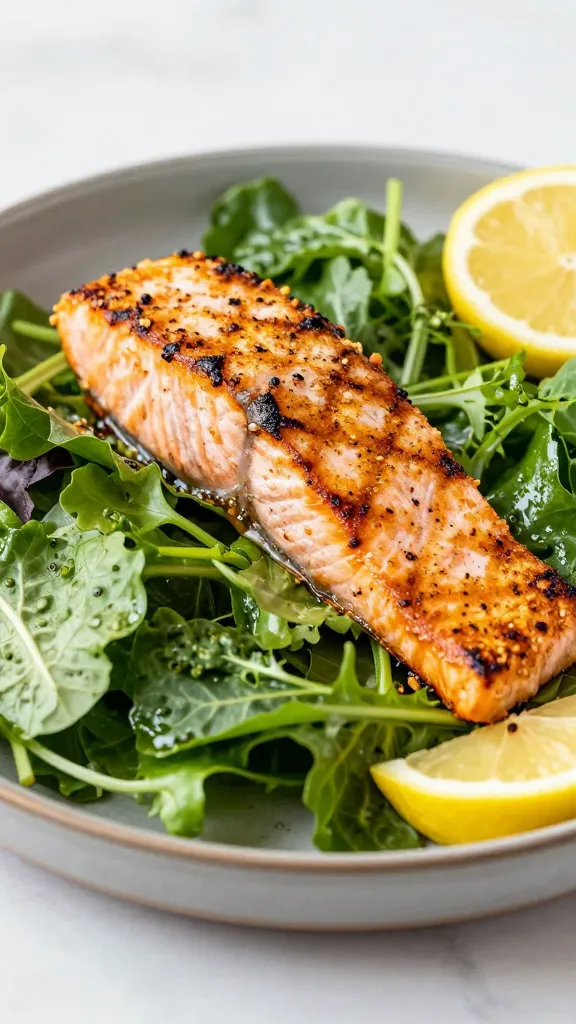 flaked grilled salmon salad with crunchy greens and lemon