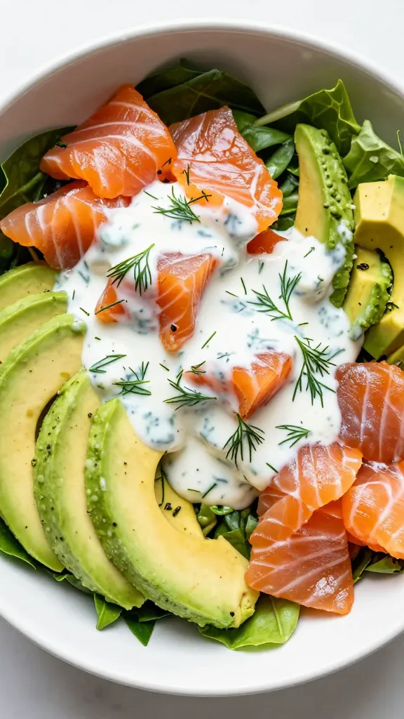 leftover salmon lunch salad with avocado and dill yogurt