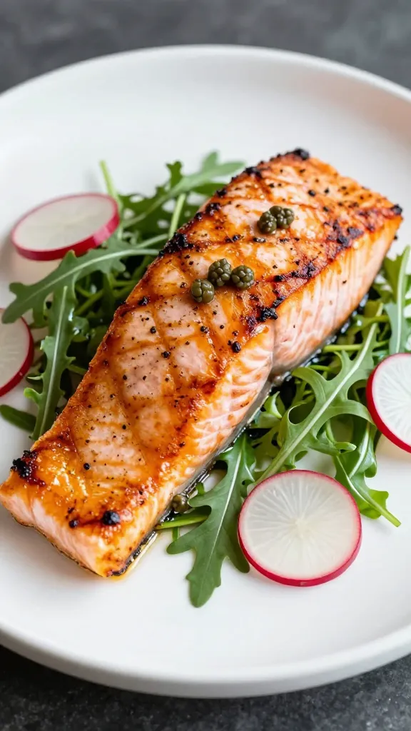 chilled grilled salmon on arugula with capers and radishes