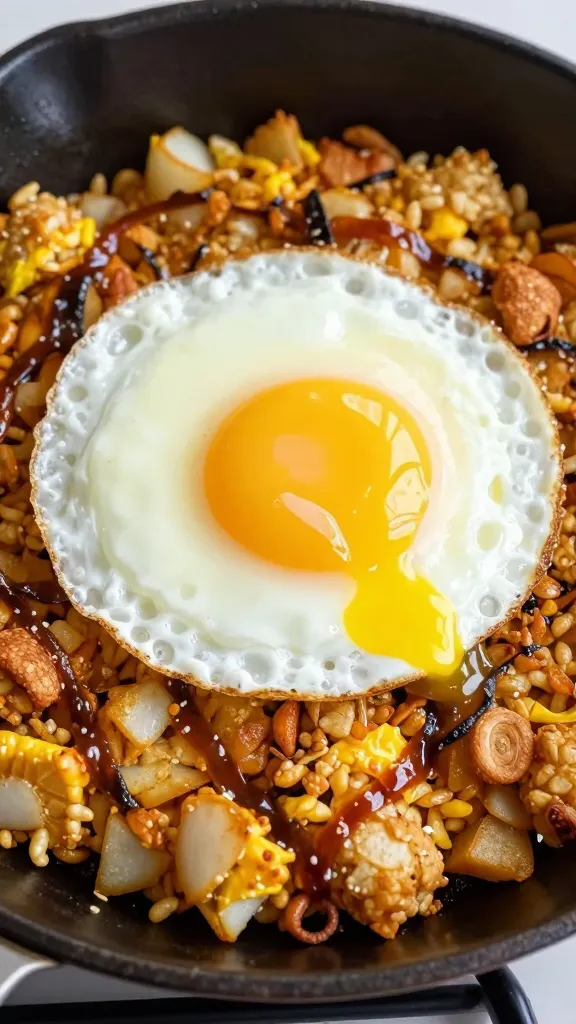 Skillet hash topped with runny fried egg