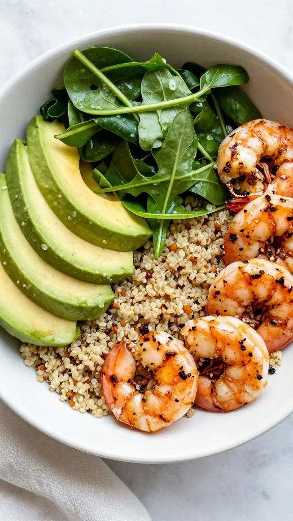 grilled shrimp lunch bowl with quinoa, avocado, and greens