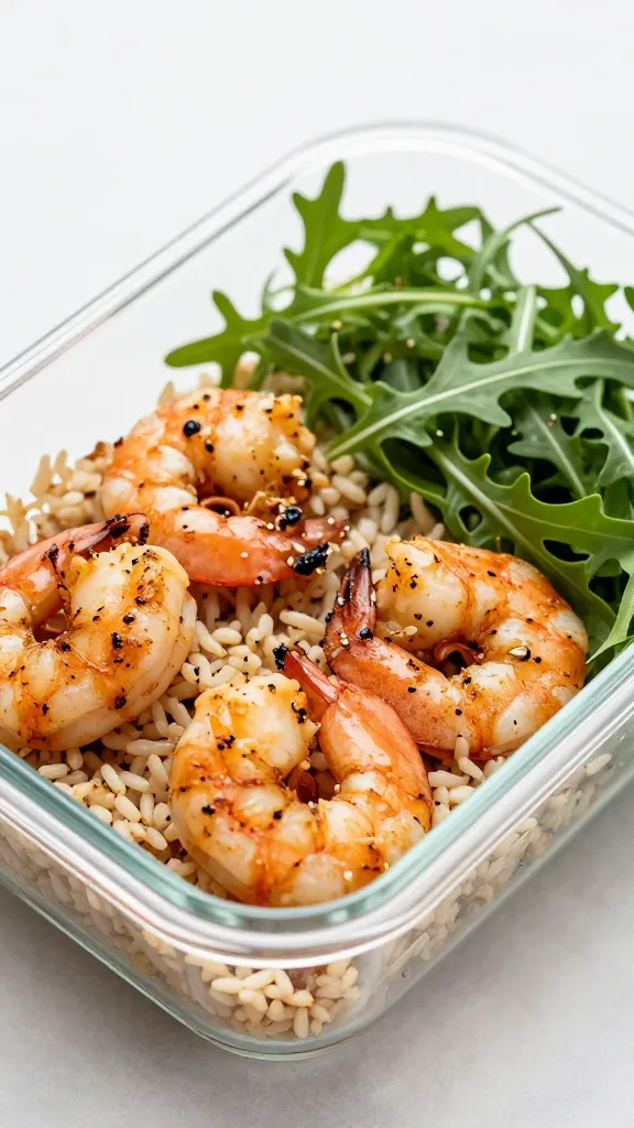 meal-prep container of grilled shrimp, brown rice, and arugula