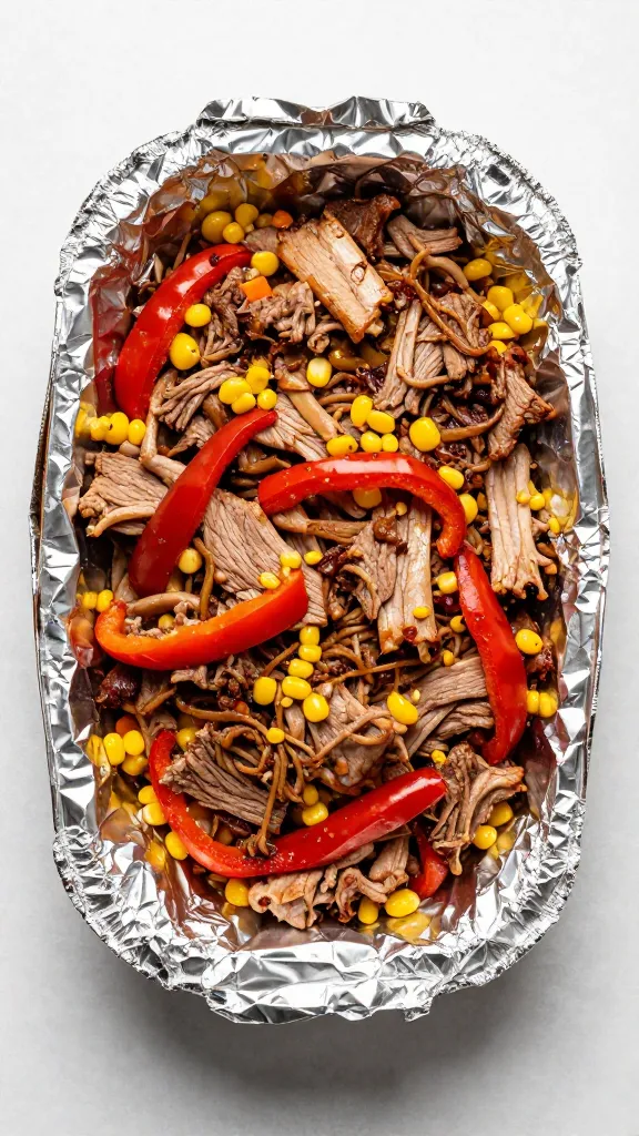 Pulled pork foil packet with corn and peppers, overhead