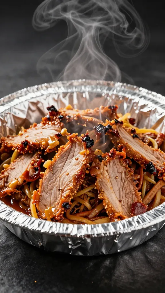 Juicy leftover pulled pork in shiny foil, steam rising
