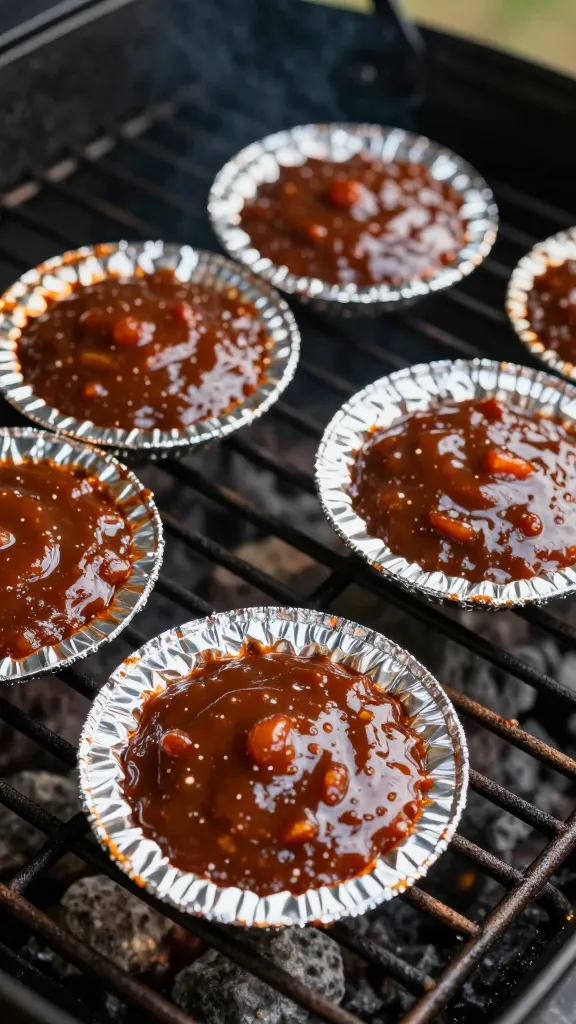 BBQ foil packets on grill grates, brushed with sauce