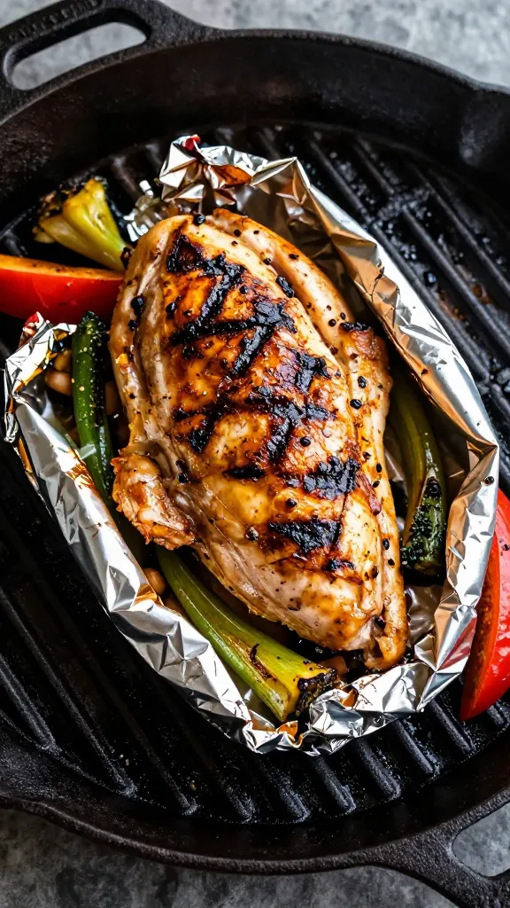 foil packet grilled chicken and veggies on cast iron grate
