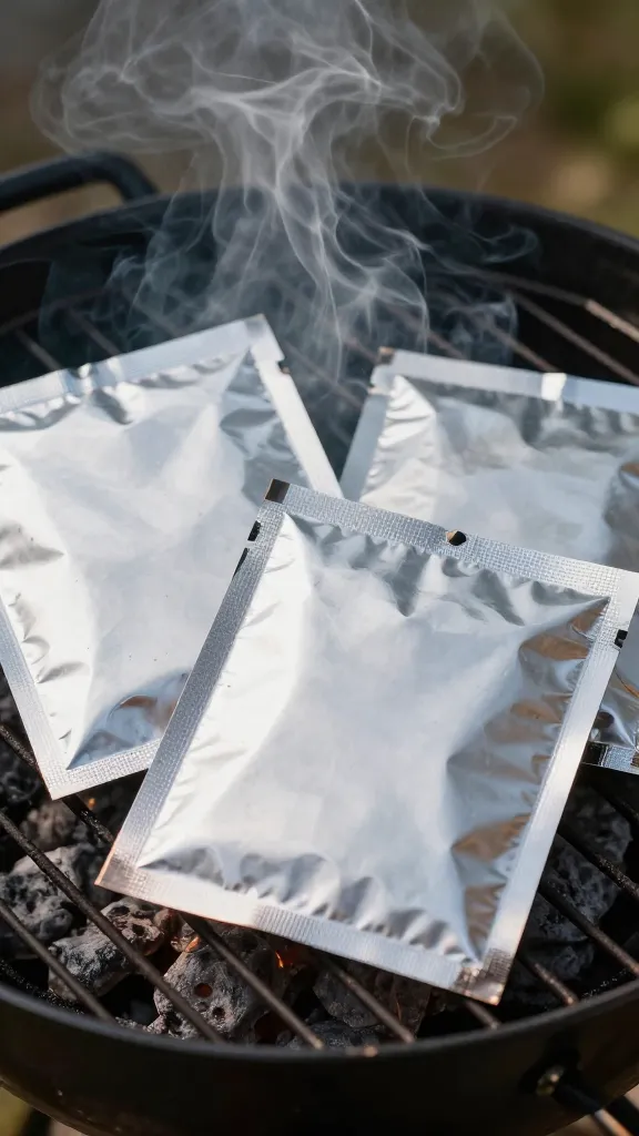 sealed foil packets on charcoal grill, rising steam