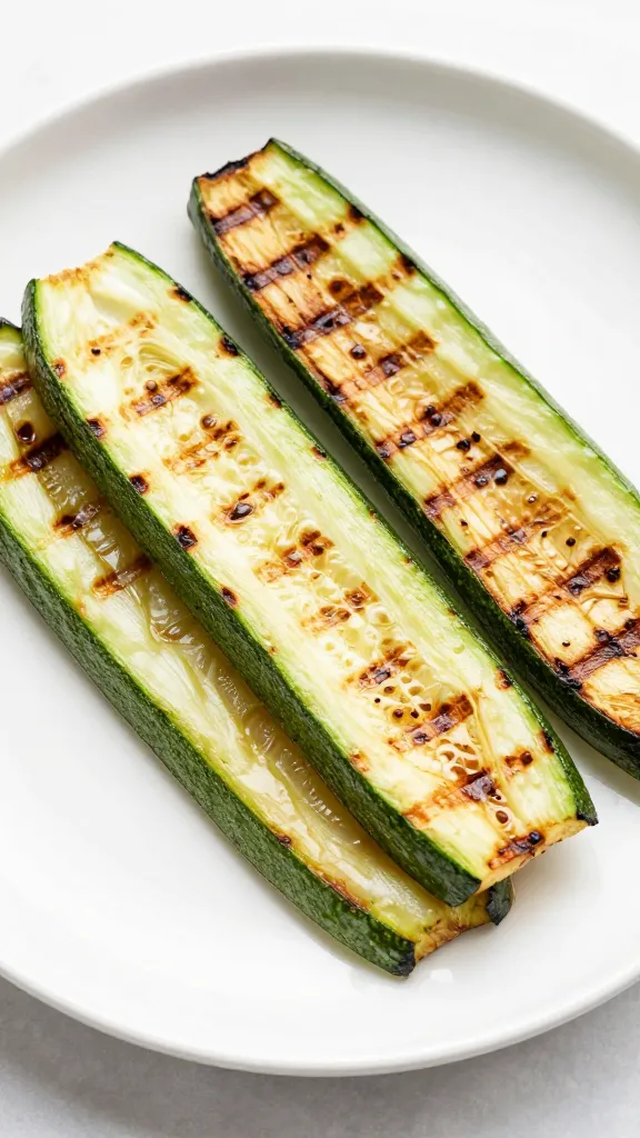 Grilled zucchini planks with char, on white plate