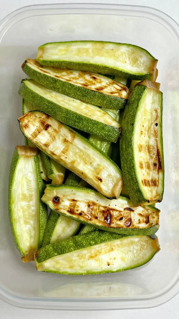 Leftover grilled zucchini slices in container, natural light