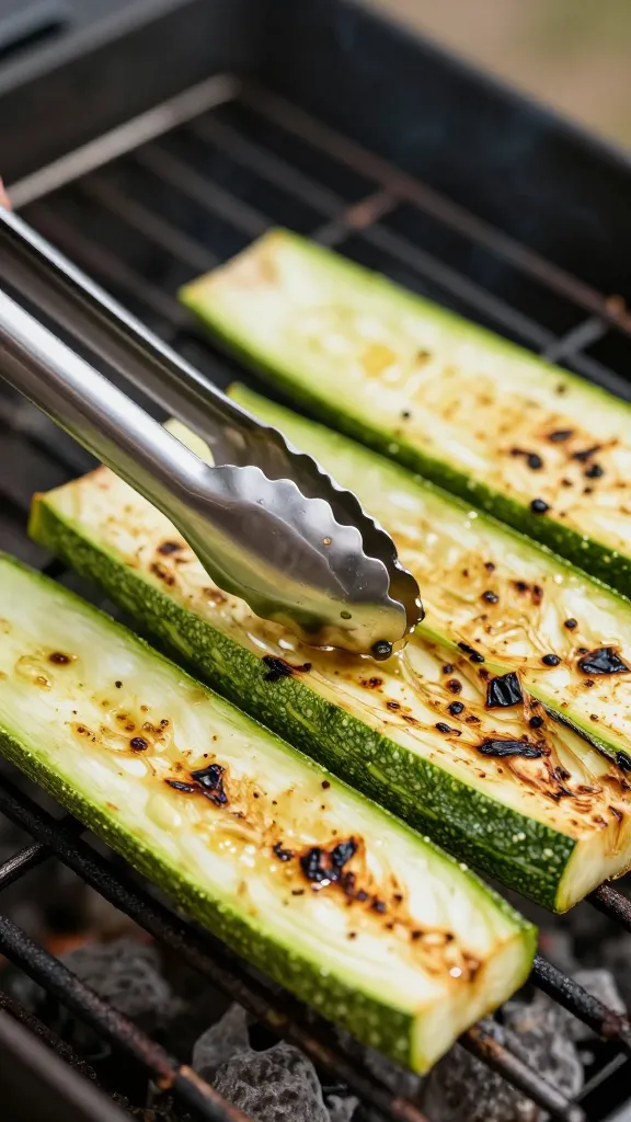 Tongs holding charred zucchini spears over grill grates