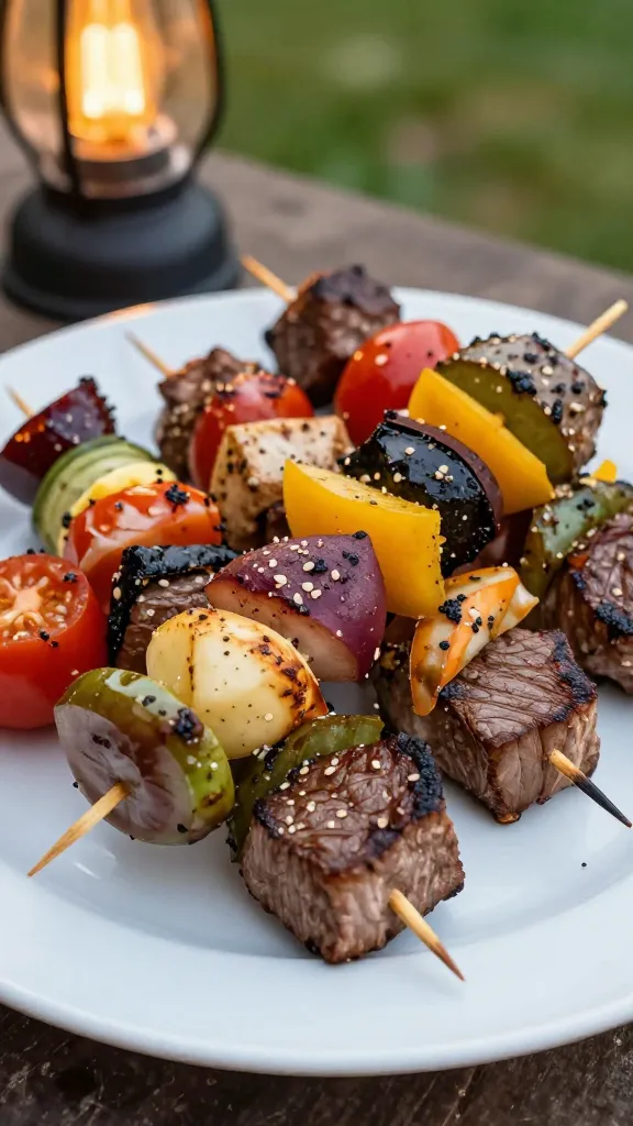 colorful steak and veggie skewers on white platter, backyard light