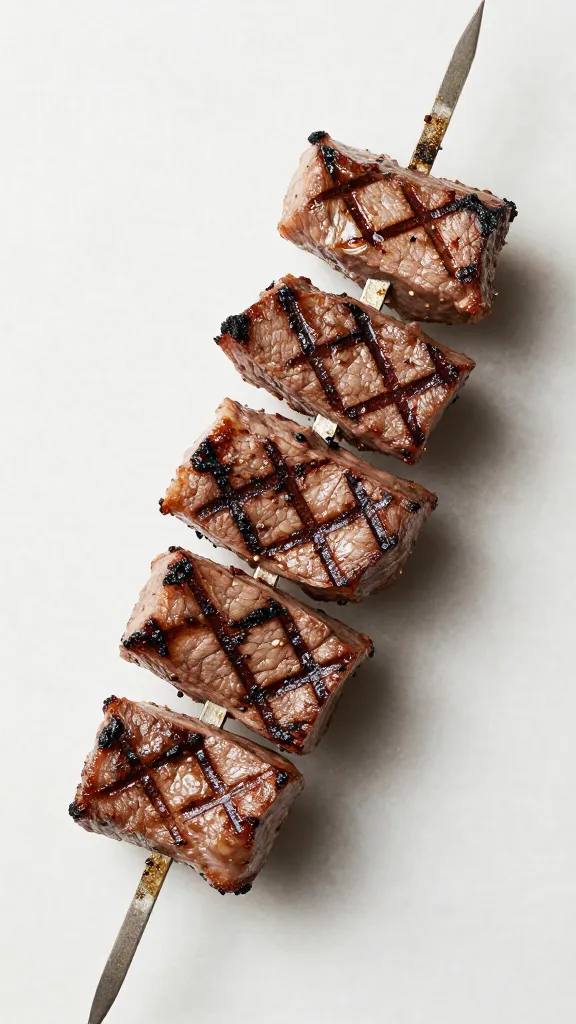 sliced New York strip kabobs with grill marks, minimal styling