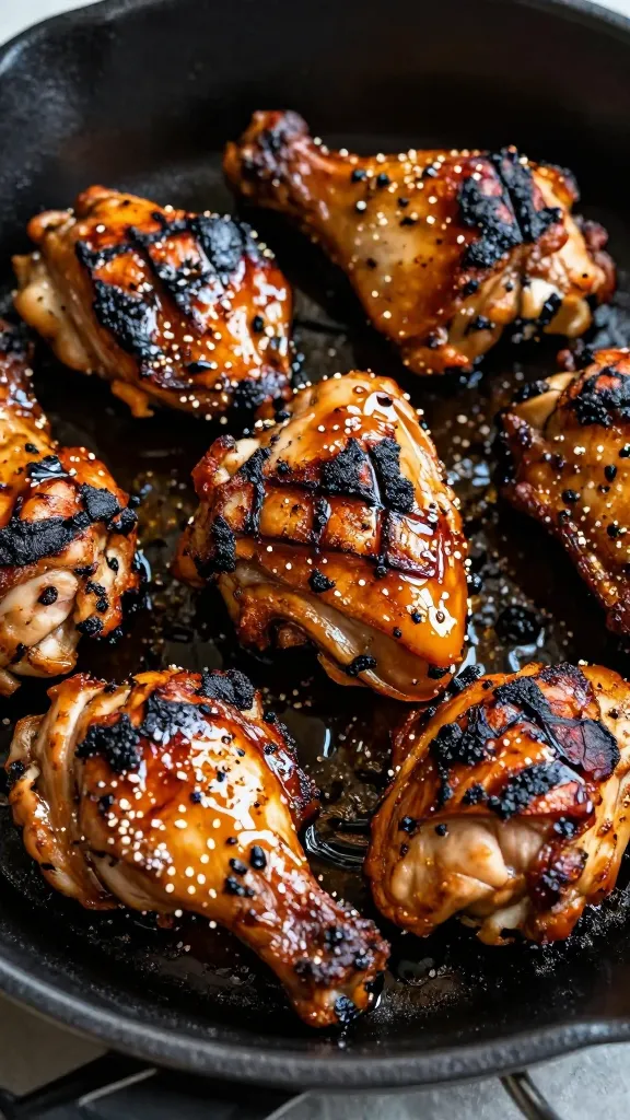 Grilled bbq chicken thighs with char, brushed with honey glaze