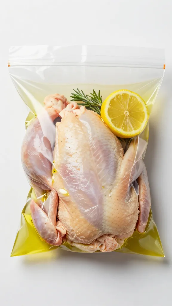 Raw chicken in zip-top bag with olive oil, lemon, herbs