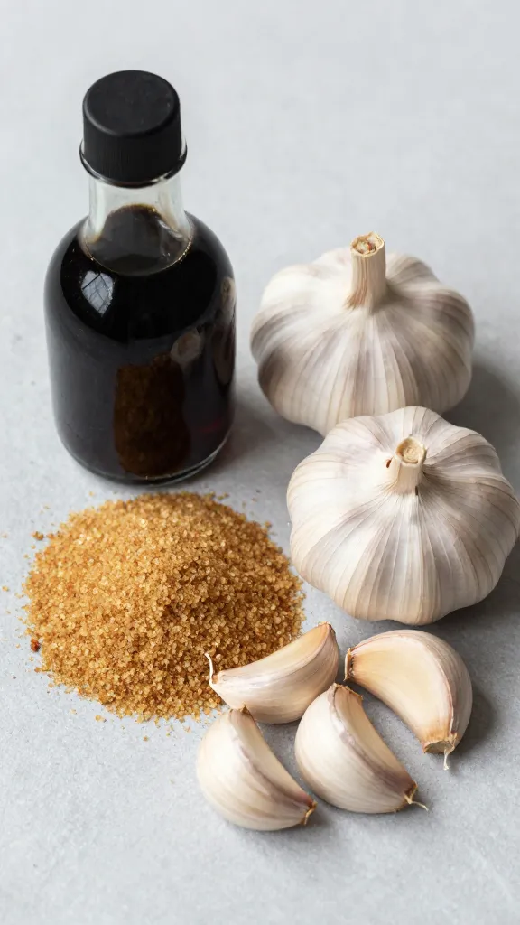 Soy-garlic marinade ingredients: soy sauce, brown sugar, garlic cloves