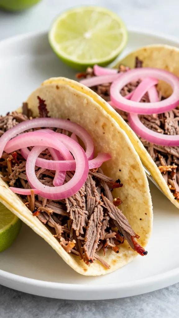 shredded brisket tacos with lime and quick pickled onions