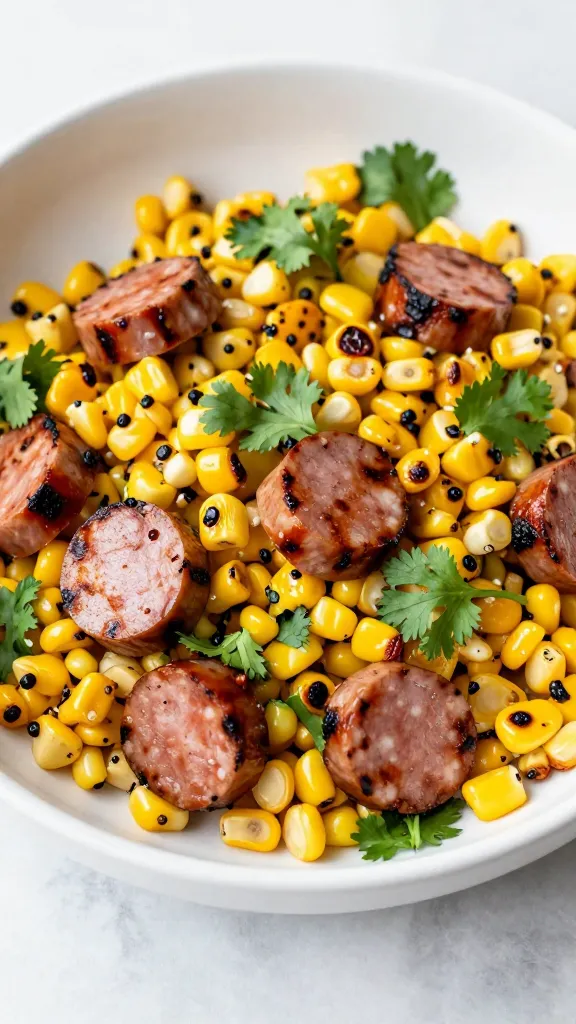 charred corn salad with grilled sausage and cilantro