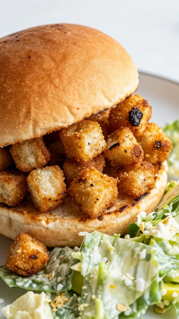 toasted burger bun croutons on leftover rib Caesar salad