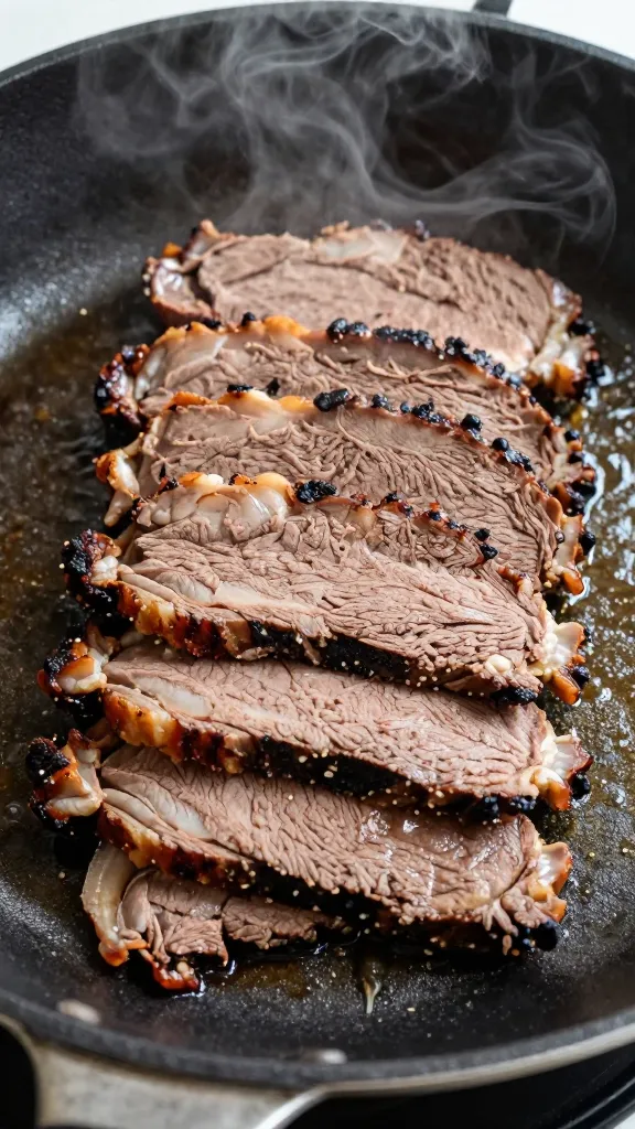 Sliced leftover brisket reheating in skillet with steam