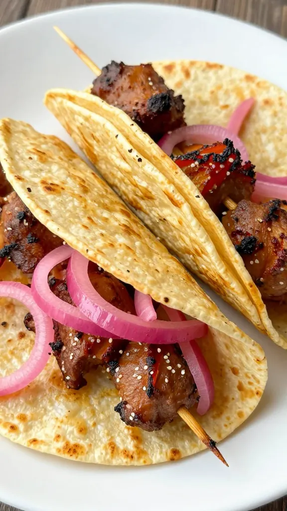 Leftover BBQ skewers wrapped in warm tortillas with pickled onions