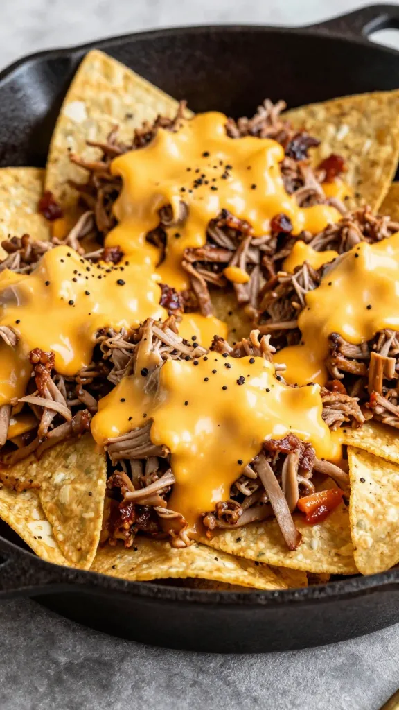 pulled pork nachos on cast iron skillet, melted cheddar