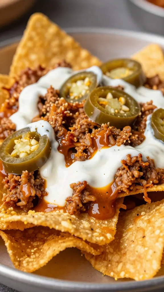 close-up cheesy pork nacho drip, jalapeños and crema