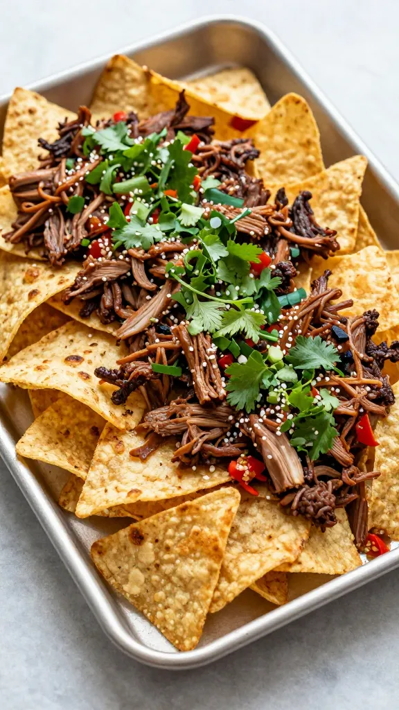 sheet pan pulled pork nachos, toasted chips, fresh pico