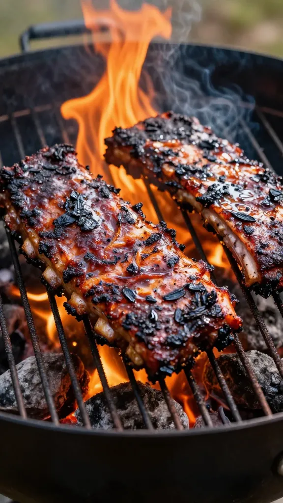 reheated smoked ribs on grill, two-zone fire visible