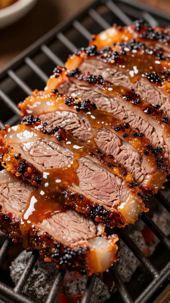 sliced brisket on warm grate, softened bark, glossy sauce