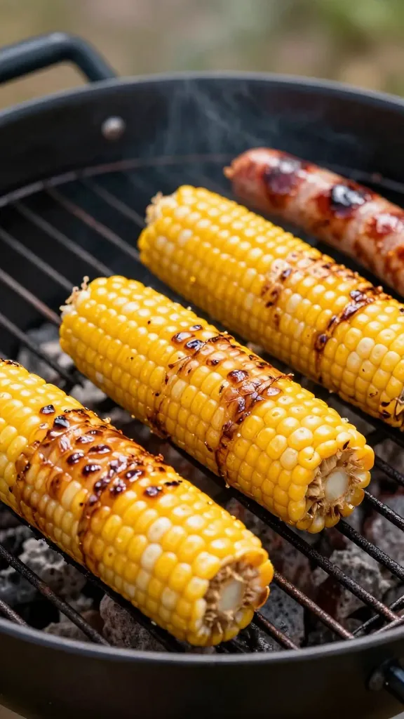 foil-wrapped corn and sausages on cool grill zone