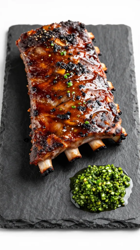 Cold BBQ ribs with chimichurri on black slate