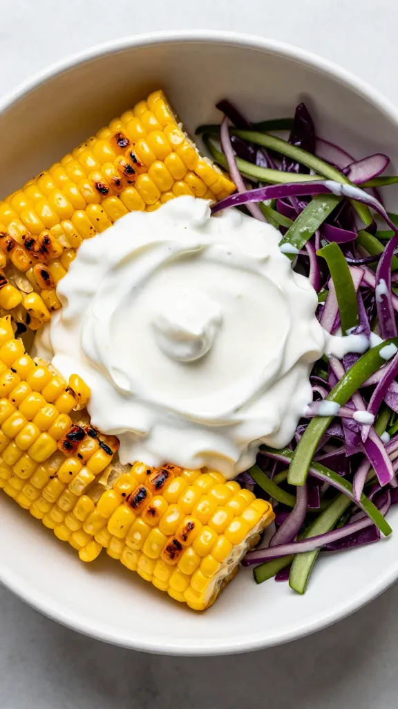 Grilled corn and slaw bowl with yogurt-tahini drizzle